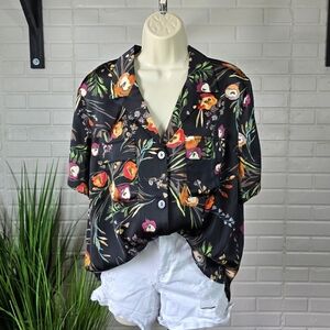 Daniel Rainn Satin Floral Black Button-Up Short Sleeve Blouse Size Extra Large
